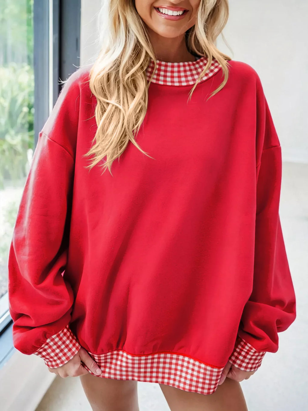 Gingham Trim Dropped Shoulder Sweatshirt | STAHlin RADIANCE