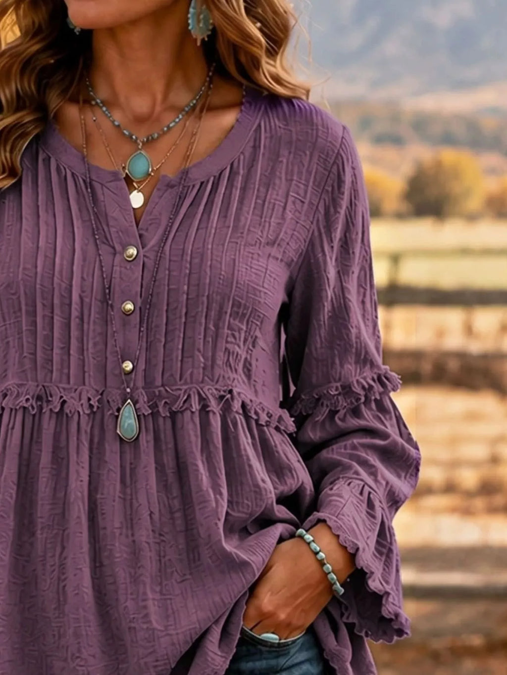 Full Size Fringe Trim Ruffle Sleeve Blouse Plus Size | STAHlin RADIANCE