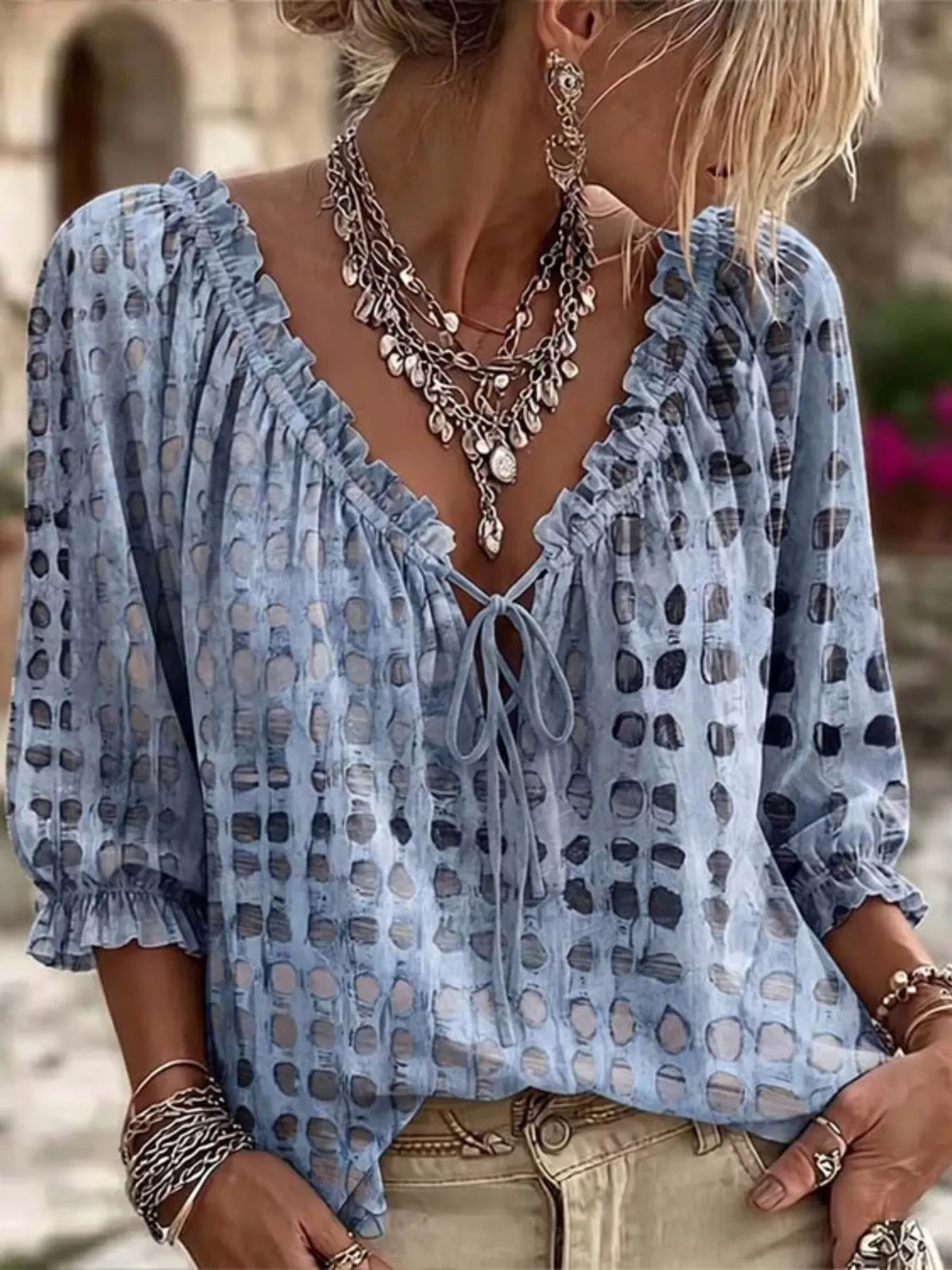 Full Size Tie Neck 3/4 Sleeve Blouse Plus Size | STAHlin RADIANCE