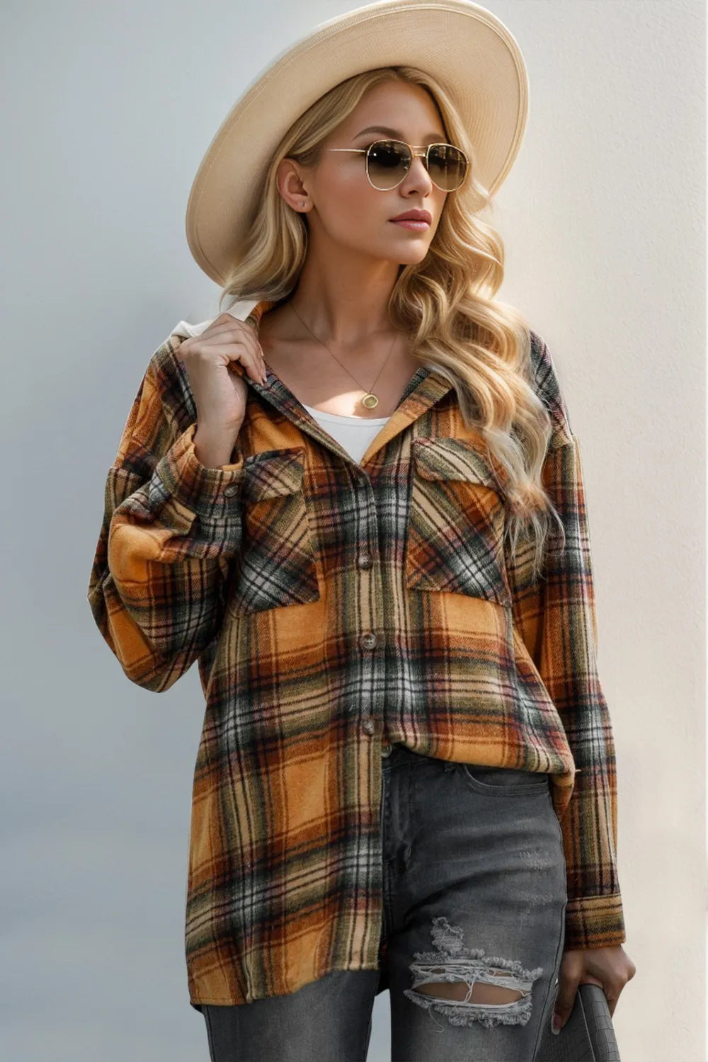 Double Take Drawstring Plaid Long Sleeve Hooded Shacket | STAHlin RADIANCE