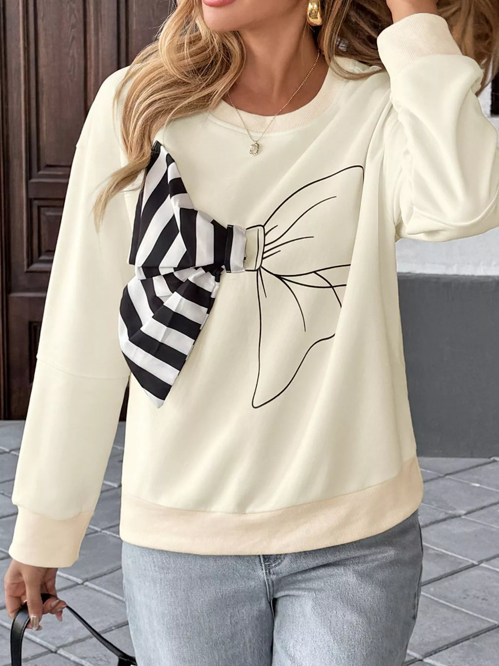 Bow Round Neck Dropped Shoulder Sweatshirt | STAHlin RADIANCE