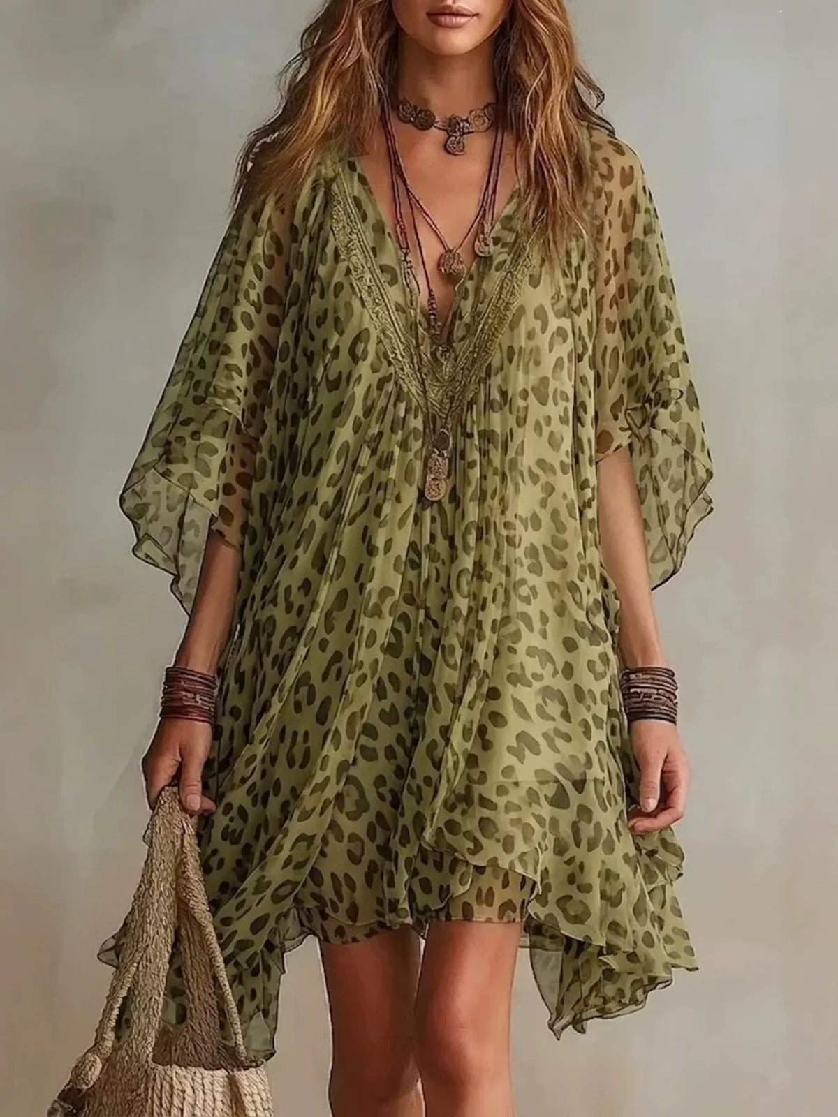 Full Size Leopard Print V-Neck Chiffon Dress Plus Size | STAHlin RADIANCE