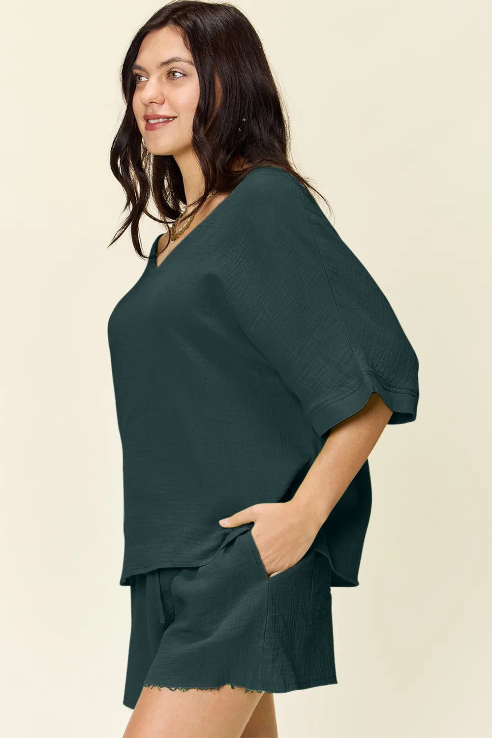 Double Take Texture Half Sleeve T-Shirt and Drawstring Shorts Set | STAHlin RADIANCE