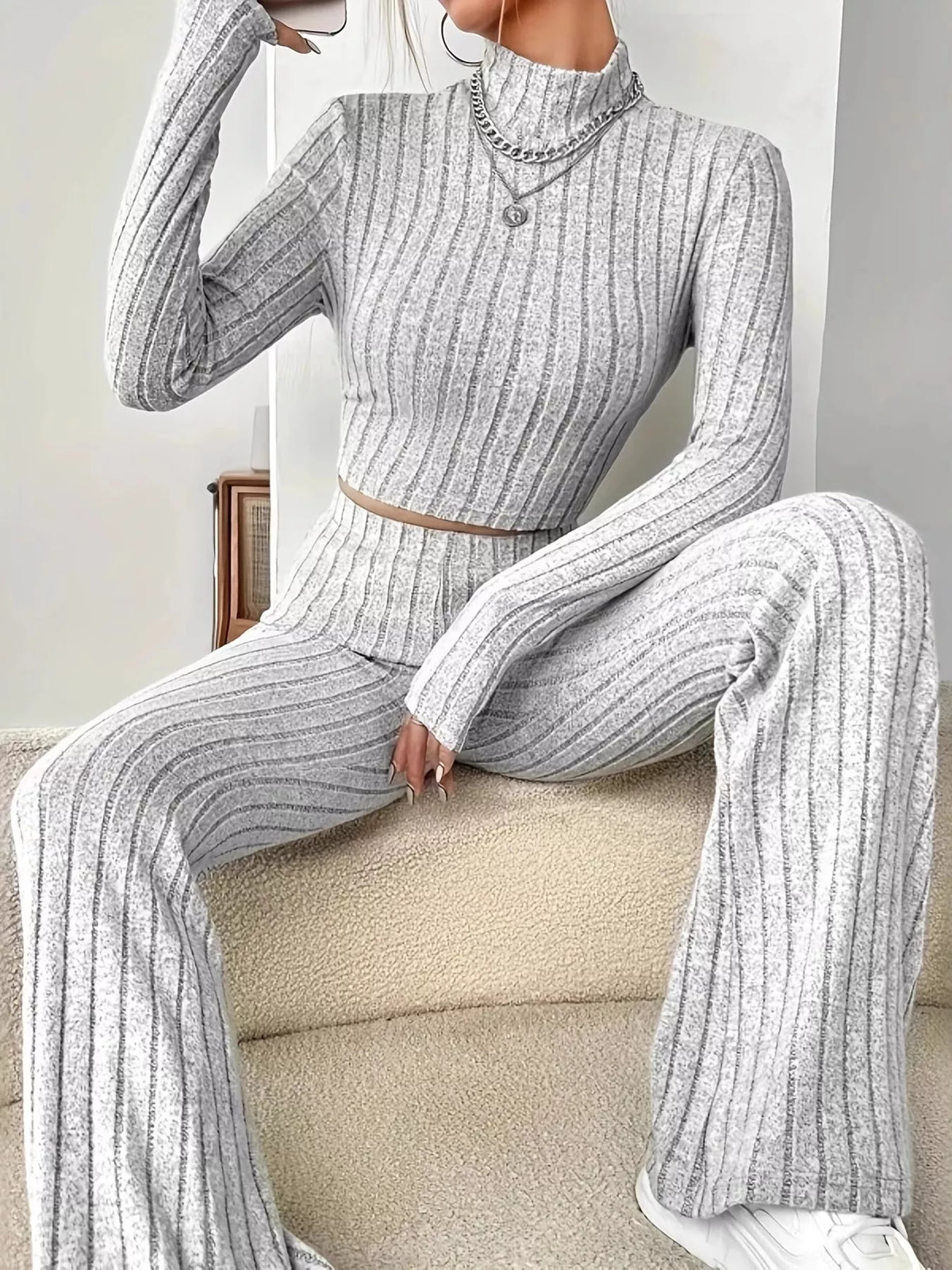 Ribbed Turtleneck Crop Top and Flare Pants Sweater Set | STAHlin RADIANCE