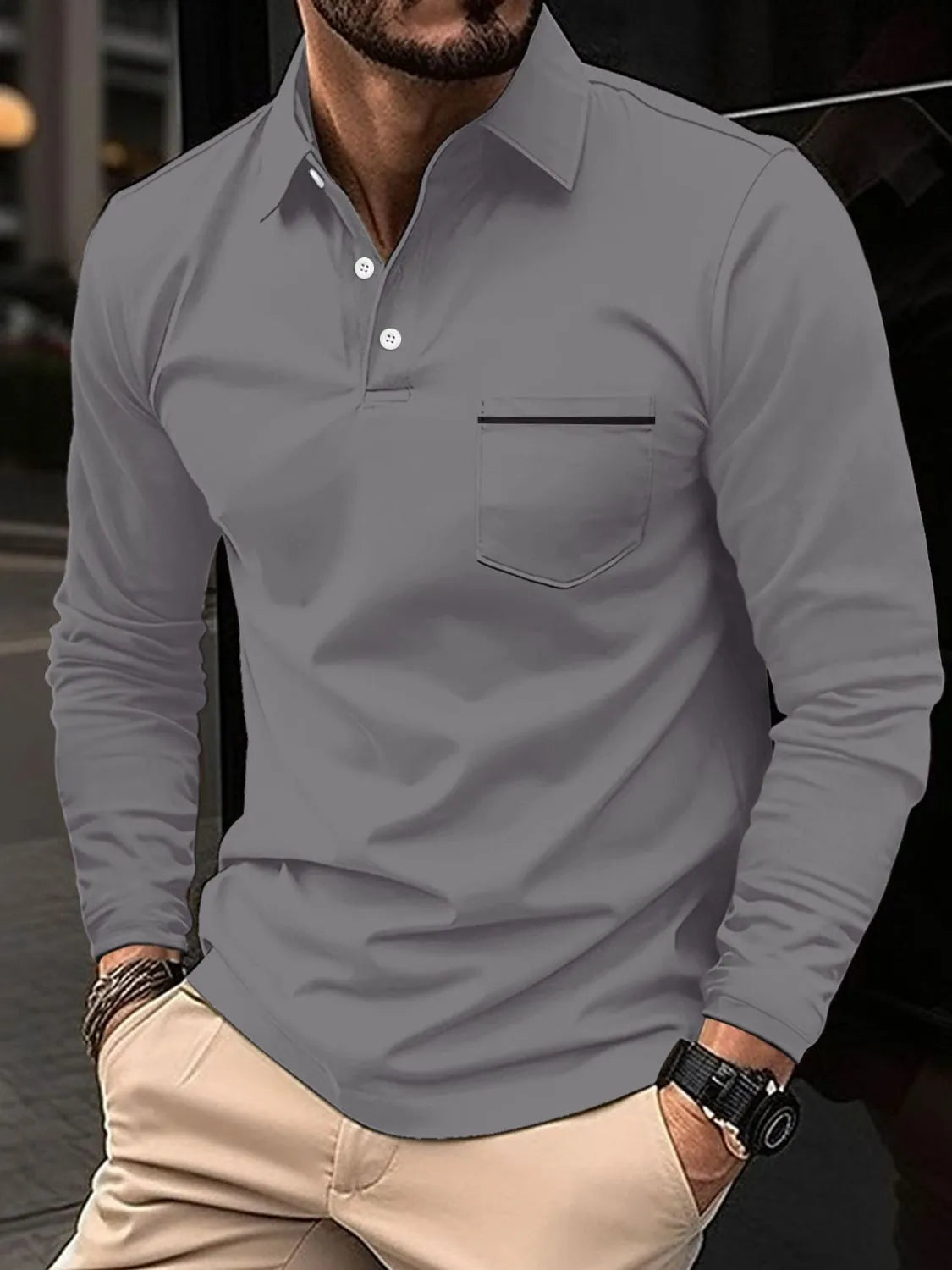 Men's Full Size Button Detail Long Sleeve Polo Plus Size | STAHlin RADIANCE