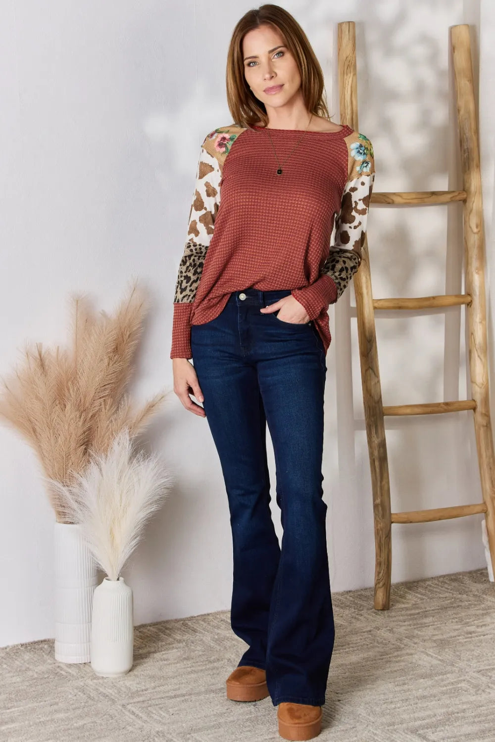 Hailey & Co Full Size Leopard Waffle-Knit Blouse | STAHlin RADIANCE