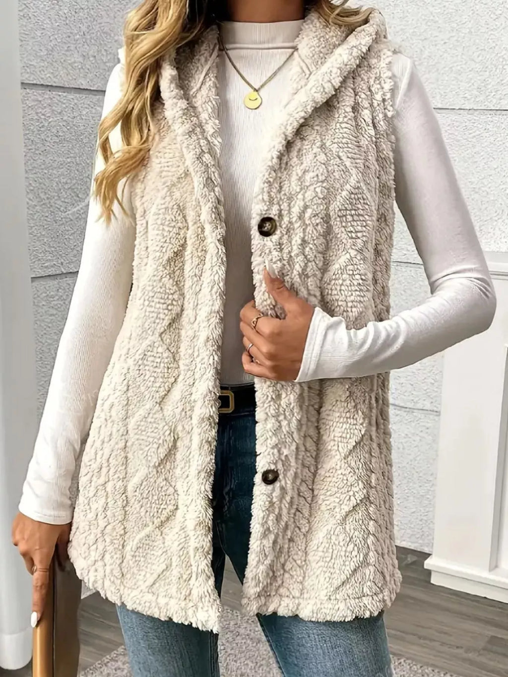 Hooded Button-Up Sherpa Vest Coat | STAHlin RADIANCE