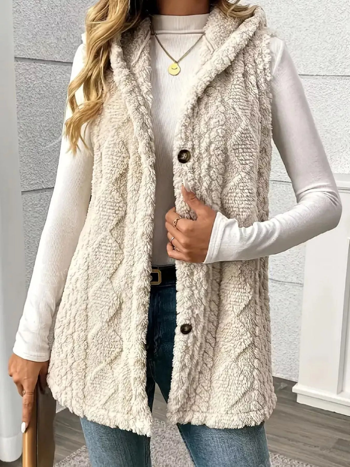 Hooded Button-Up Sherpa Vest Coat | STAHlin RADIANCE