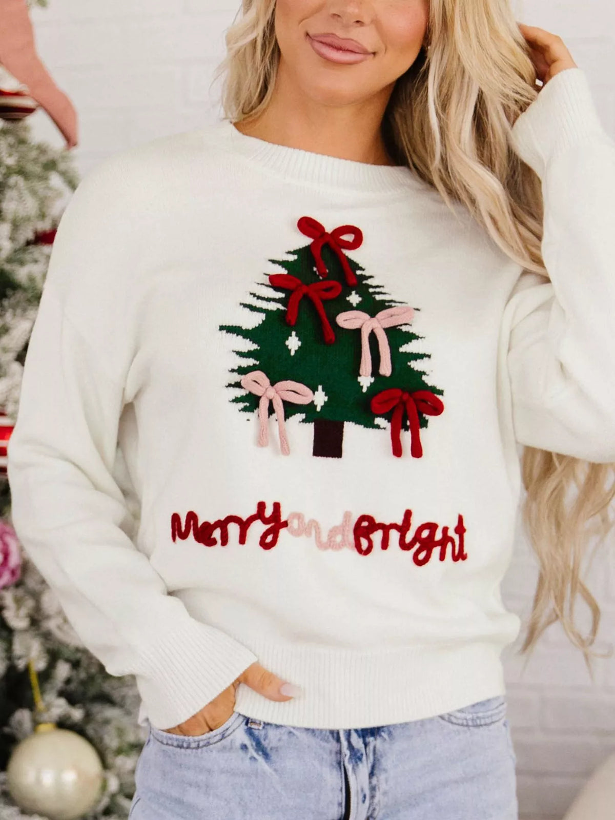 Christmas Tree Bow Drop Shoulder Knit Sweater | STAHlin RADIANCE