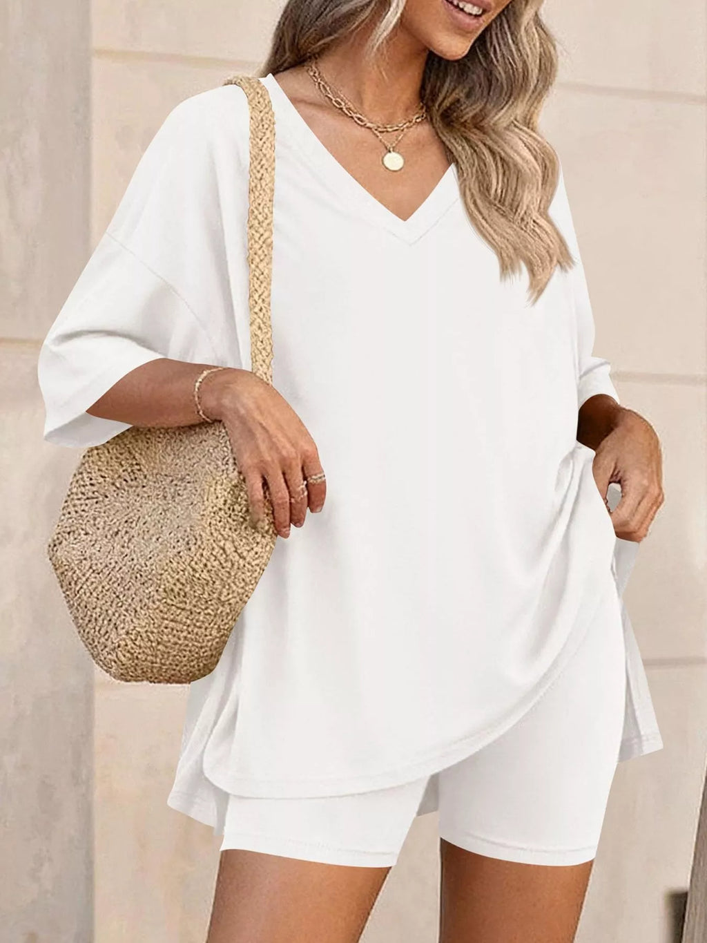 Full Size Casual Loose V-Neck T-Shirt & Shorts Set Plus Size | STAHlin RADIANCE