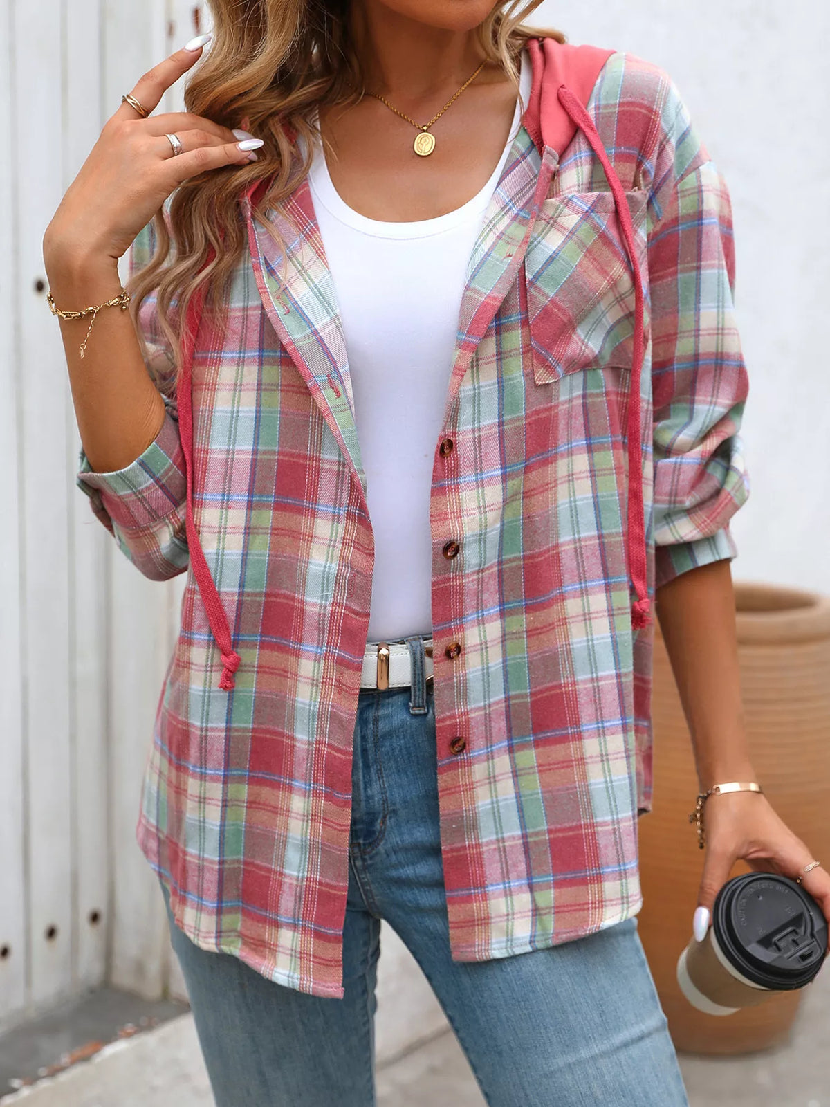 Plaid Button-Up Hooded Shirt with Chest Pocket | STAHlin RADIANCE