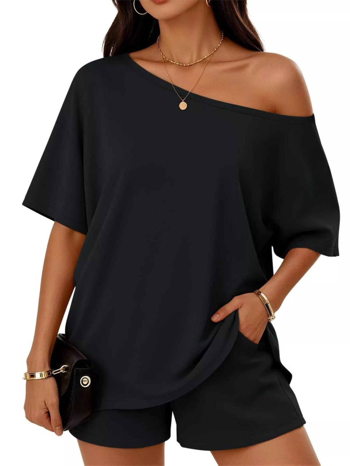 Full Size Boat Neck Tee and Shorts Set Plus Size | STAHlin RADIANCE