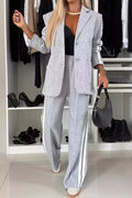Full Size Contrast Lapel Collar Top and Pants Set | STAHlin RADIANCE