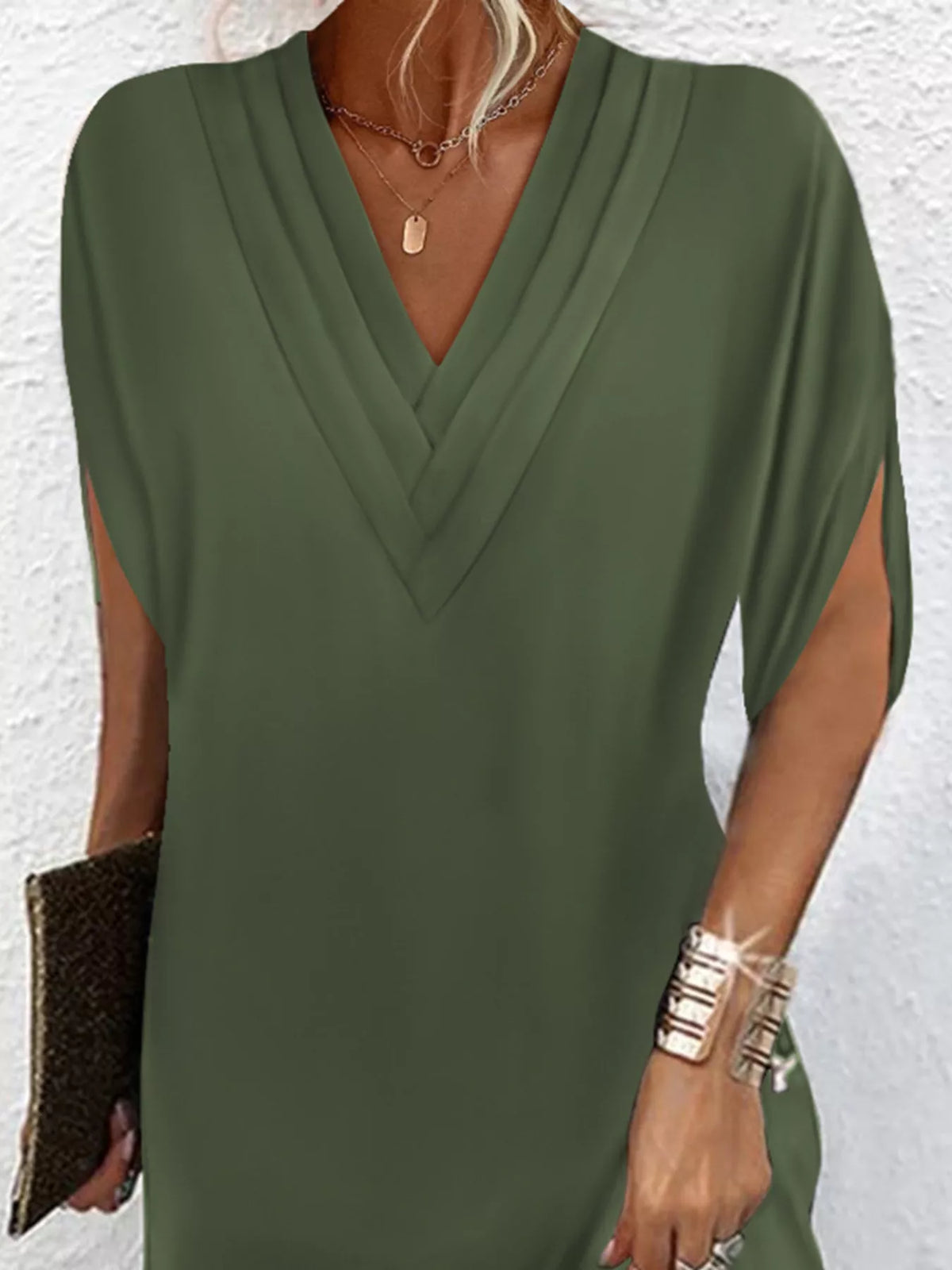 Full Size V-Neck Slit Sleeve Mini Dress Plus Size | STAHlin RADIANCE