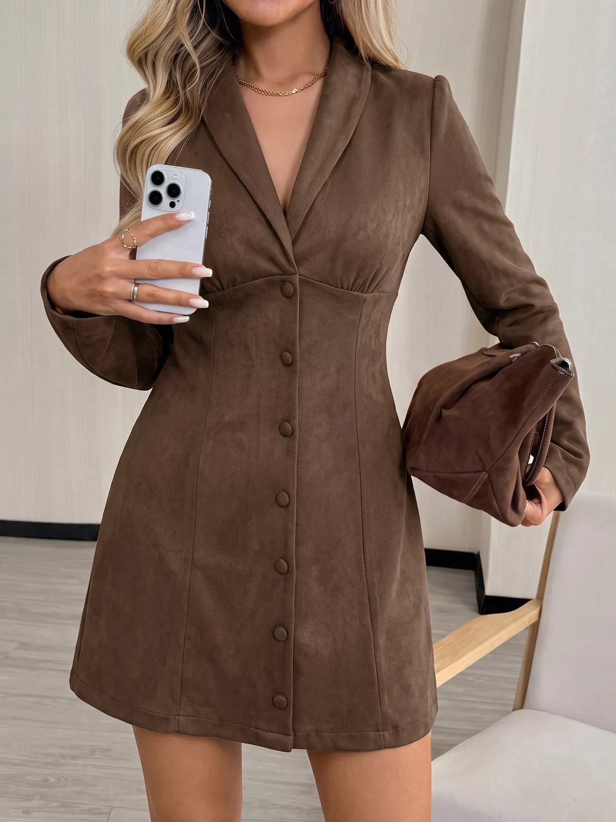 Button-Front Long Sleeve Blazer Dress | STAHlin RADIANCE