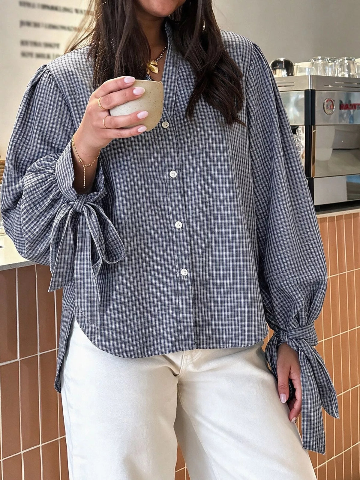 Gingham Button Up Shirt with Tie-Sleeve Detail | STAHlin RADIANCE