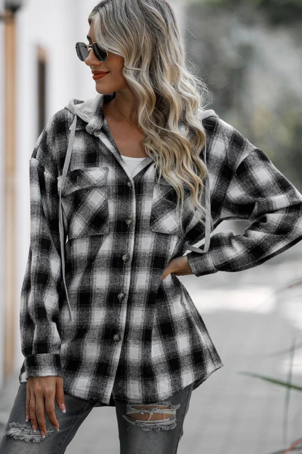 Double Take Drawstring Plaid Long Sleeve Hooded Shacket | STAHlin RADIANCE