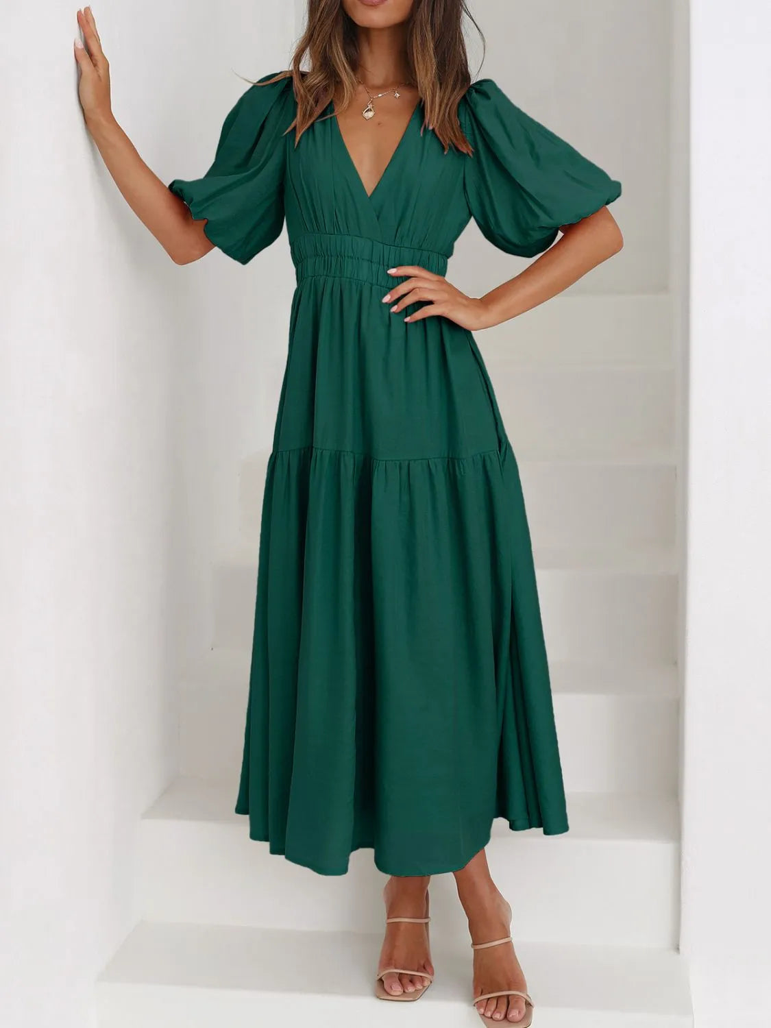 V-Neck Puff Sleeve Midi Dress | STAHlin RADIANCE