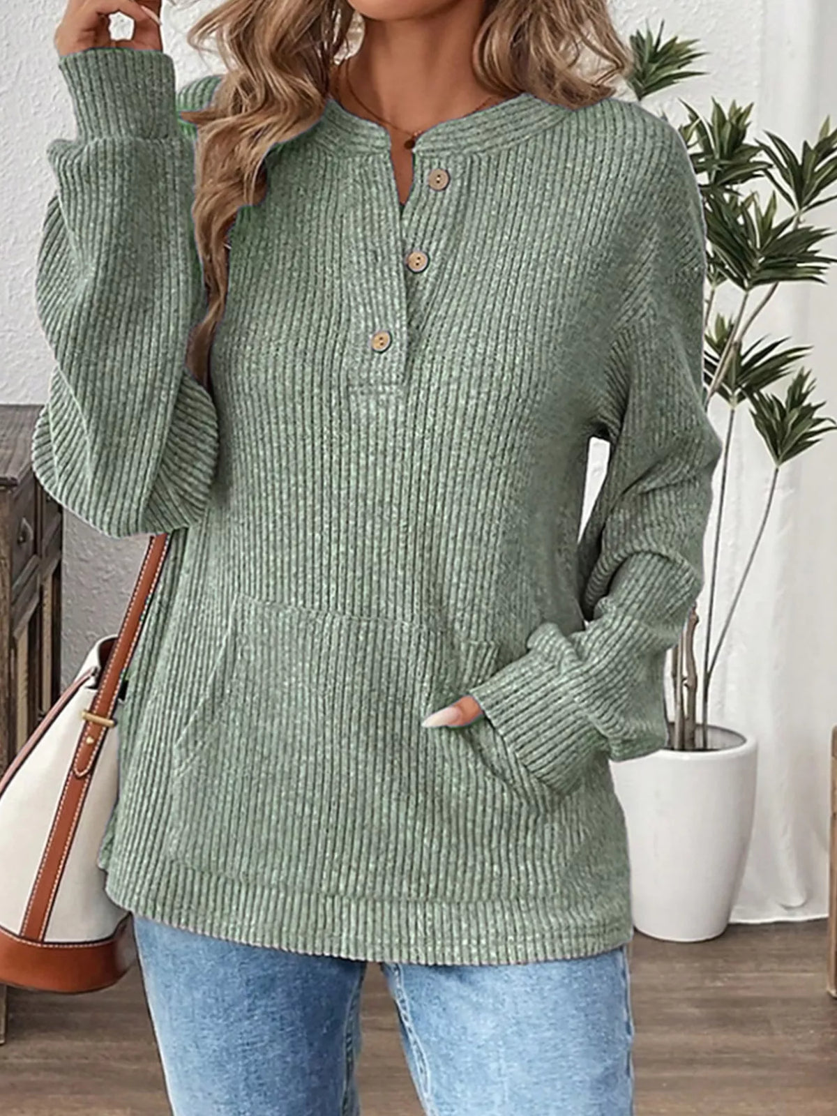 Ribbed Button Detail Long Sleeve T-Shirt | STAHlin RADIANCE