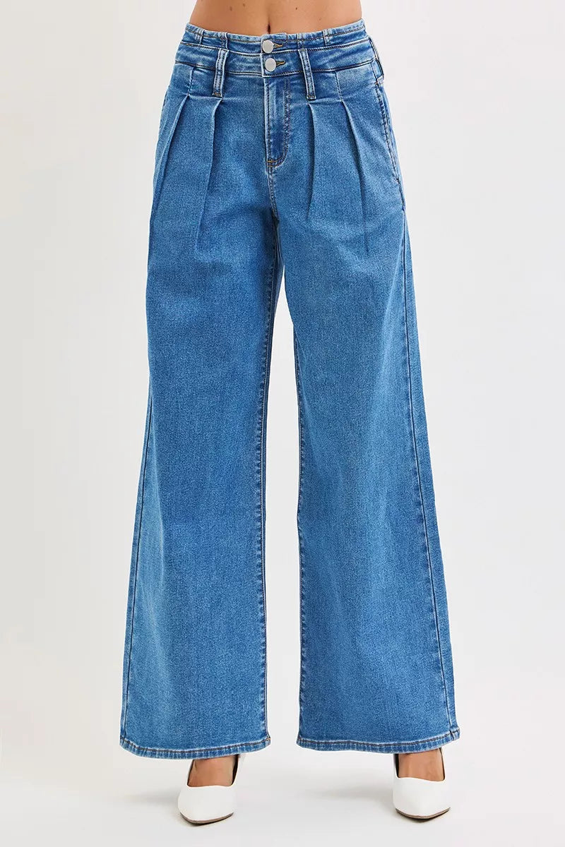 RISEN Full Size Mid Rise Fit Wide Leg with Pleated Detail Jeans Plus Size | STAHlin RADIANCE