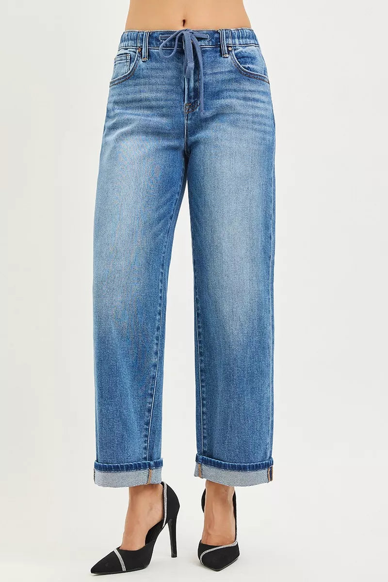RISEN Elastic Band Slouch Ankle Boyfriend Cuffed Hem Jeans | STAHlin RADIANCE