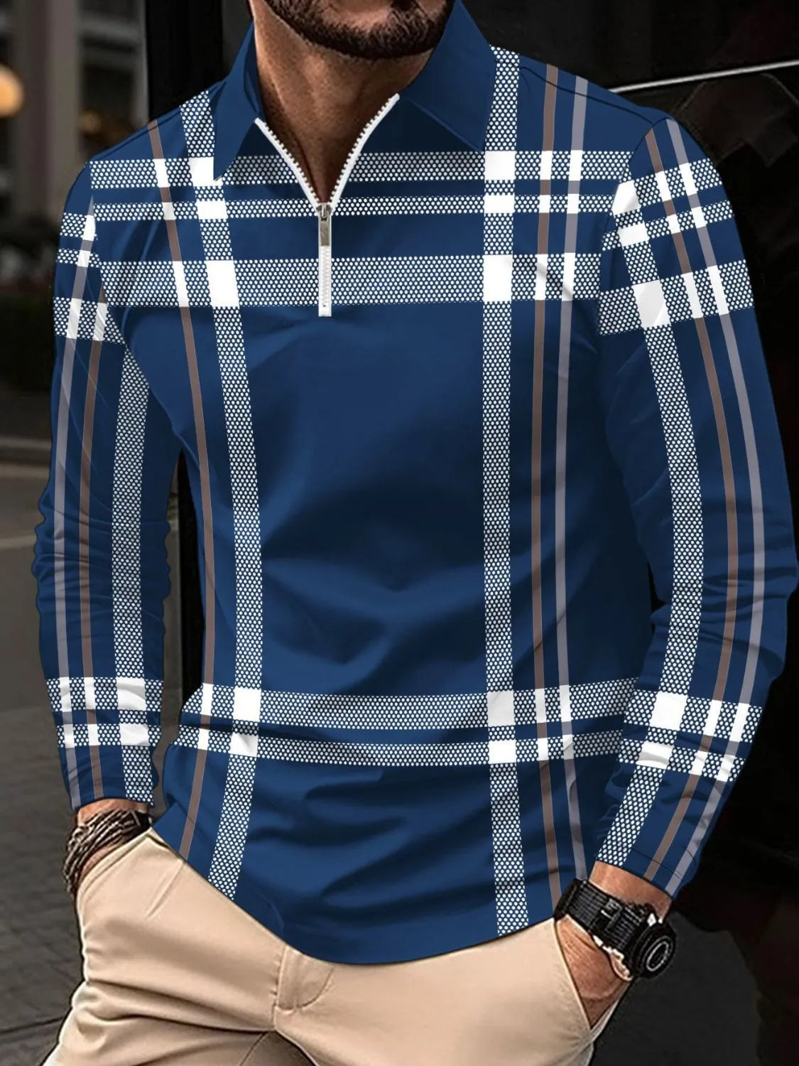 Men's Full Size Plaid Zip Collar Long Sleeve Polo Plus Size | STAHlin RADIANCE