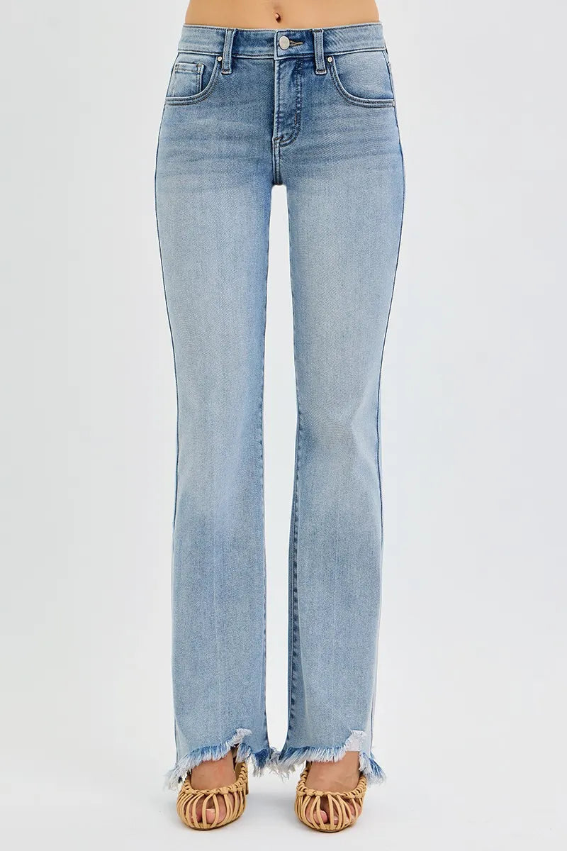 RISEN Full Size Tummy Control Mid Rise Flare Jeans with Fray Hem Detailed Plus Size | STAHlin RADIANCE