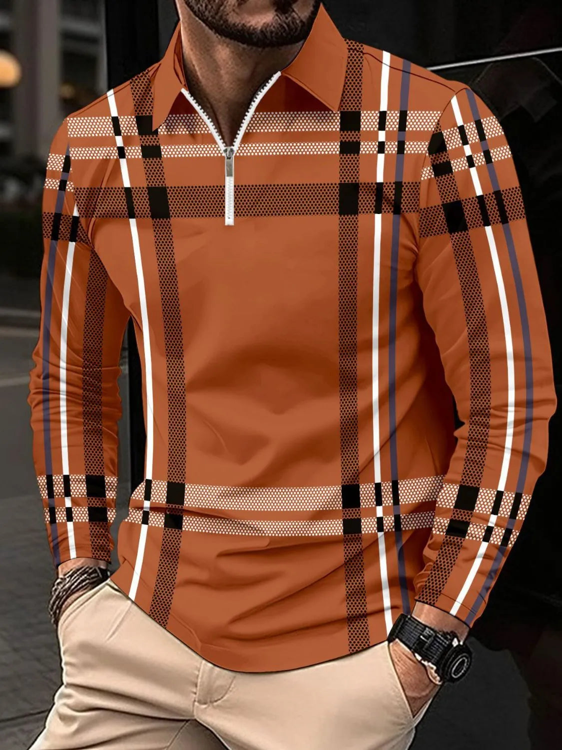 Men's Full Size Plaid Zip Collar Long Sleeve Polo Plus Size | STAHlin RADIANCE