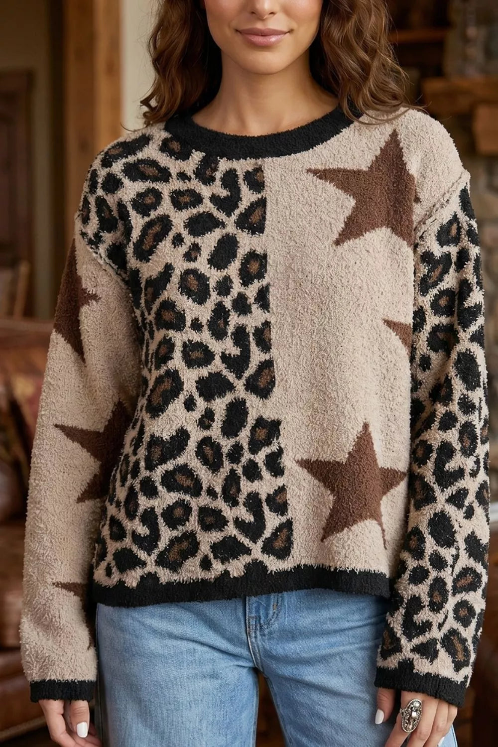 Leopard Star Pattern Round Neck Long Sleeve Shift Sweater | STAHlin RADIANCE