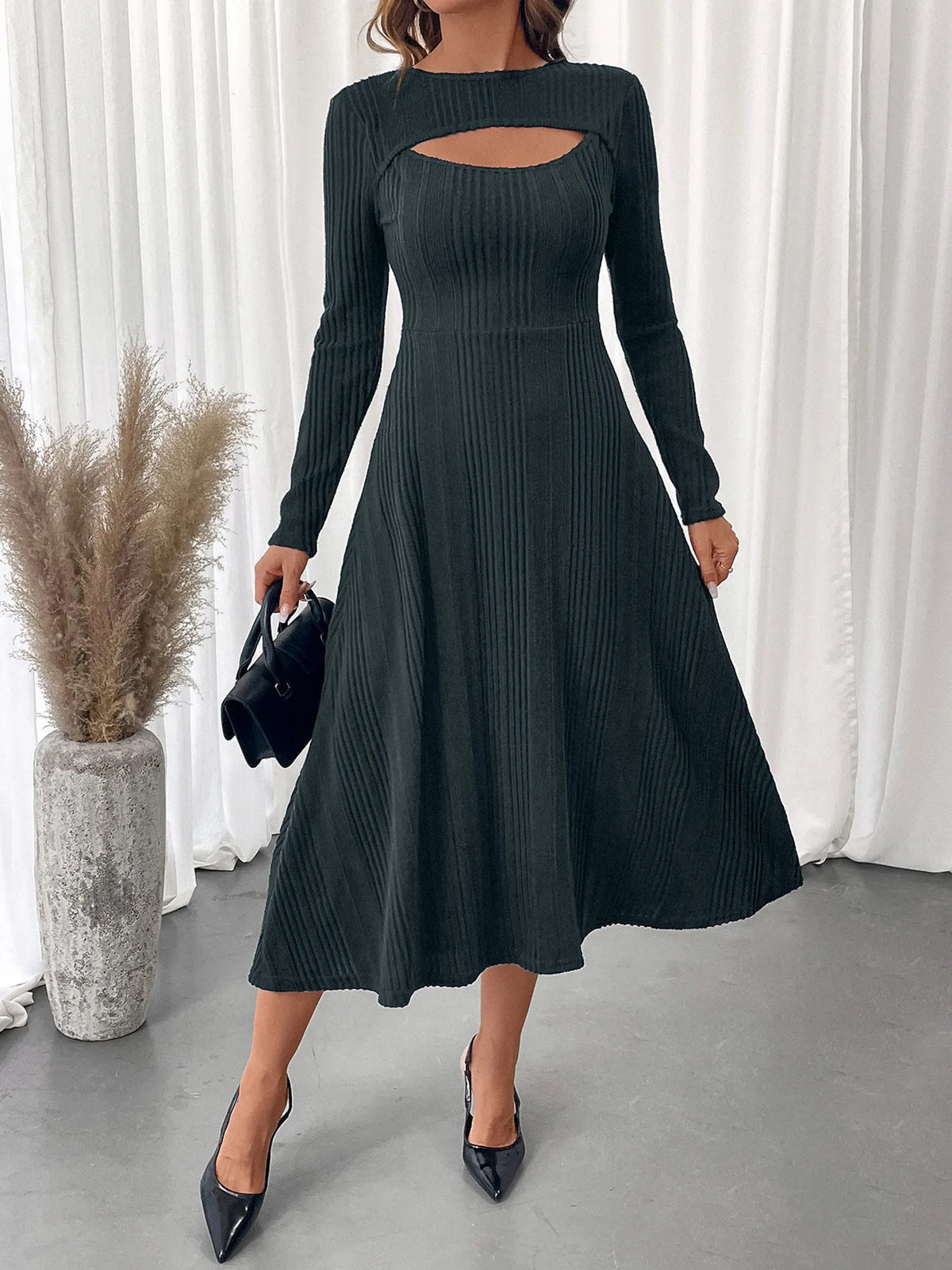 Ribbed Knit Cutout Long Sleeve Midi Dress | STAHlin RADIANCE
