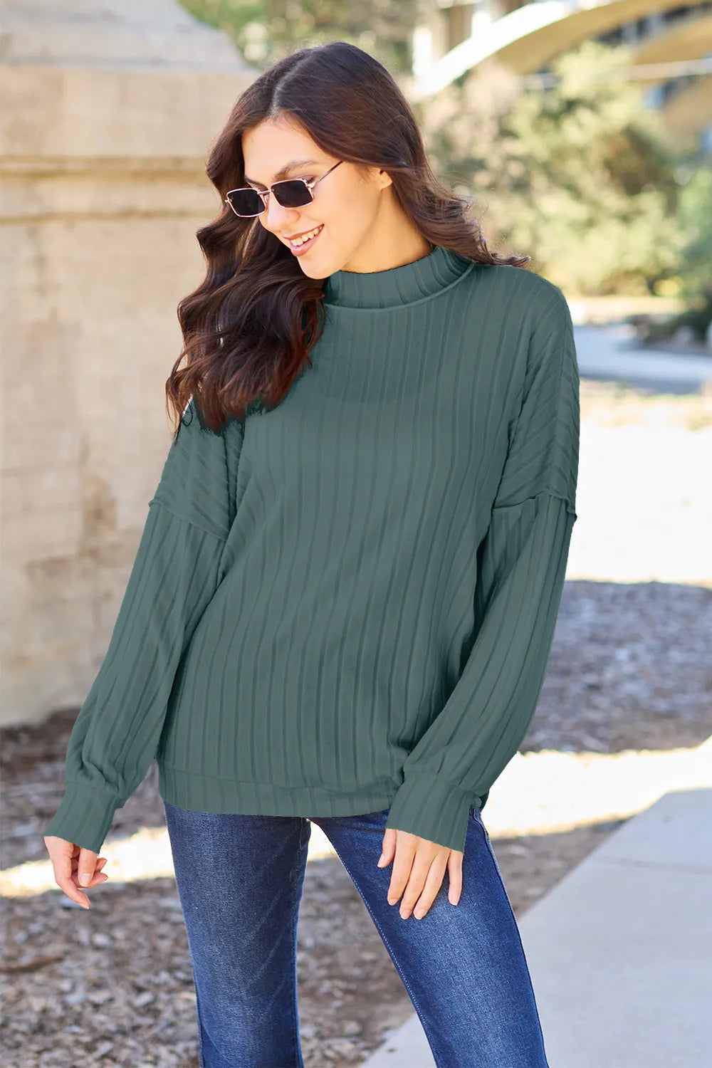Basic Bae Full Size Ribbed Exposed Seam Mock Neck Knit Top | STAHlin RADIANCE