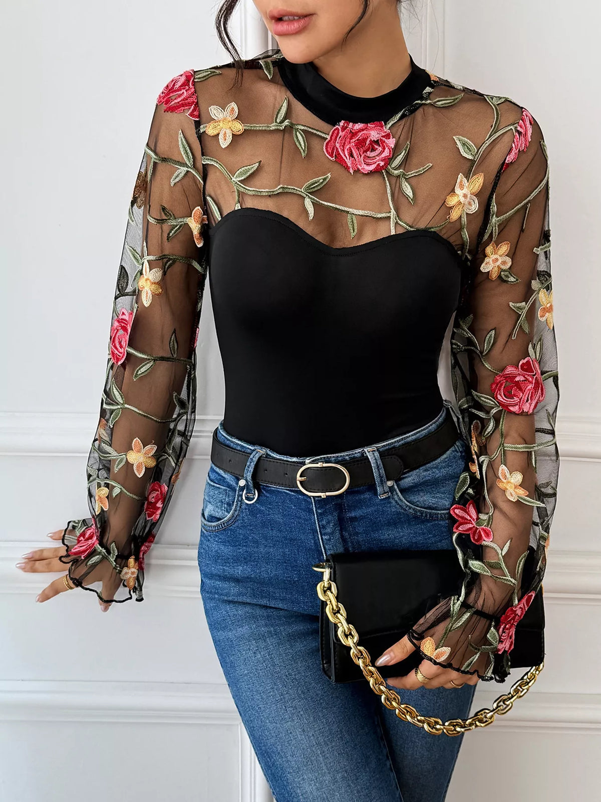 Floral Embroidered Mesh Long Sleeve Bodysuit | STAHlin RADIANCE