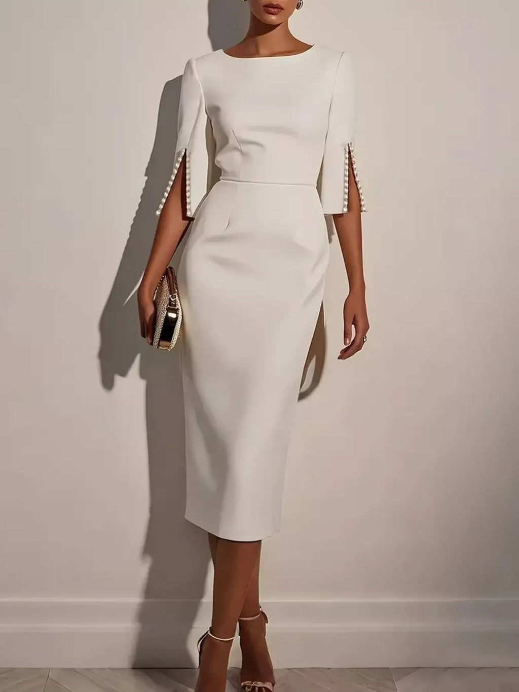 Slim-Fit Elegant Midi Dress with Beaded Slit Sleeve | STAHlin RADIANCE