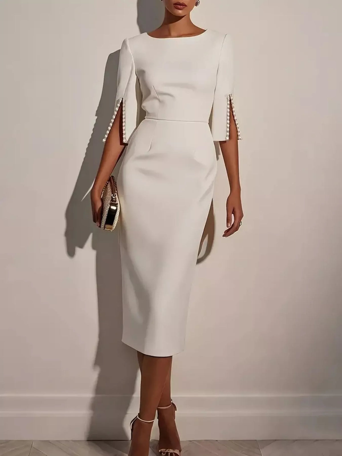 Slim-Fit Elegant Midi Dress with Beaded Slit Sleeve | STAHlin RADIANCE