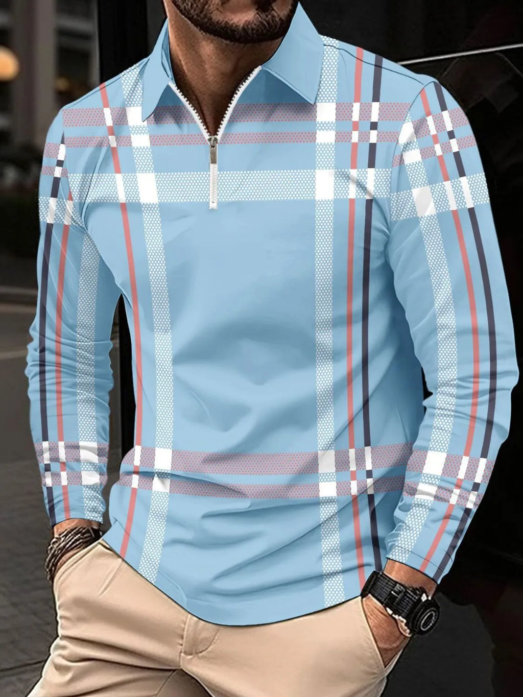 Men's Full Size Plaid Zip Collar Long Sleeve Polo Plus Size | STAHlin RADIANCE
