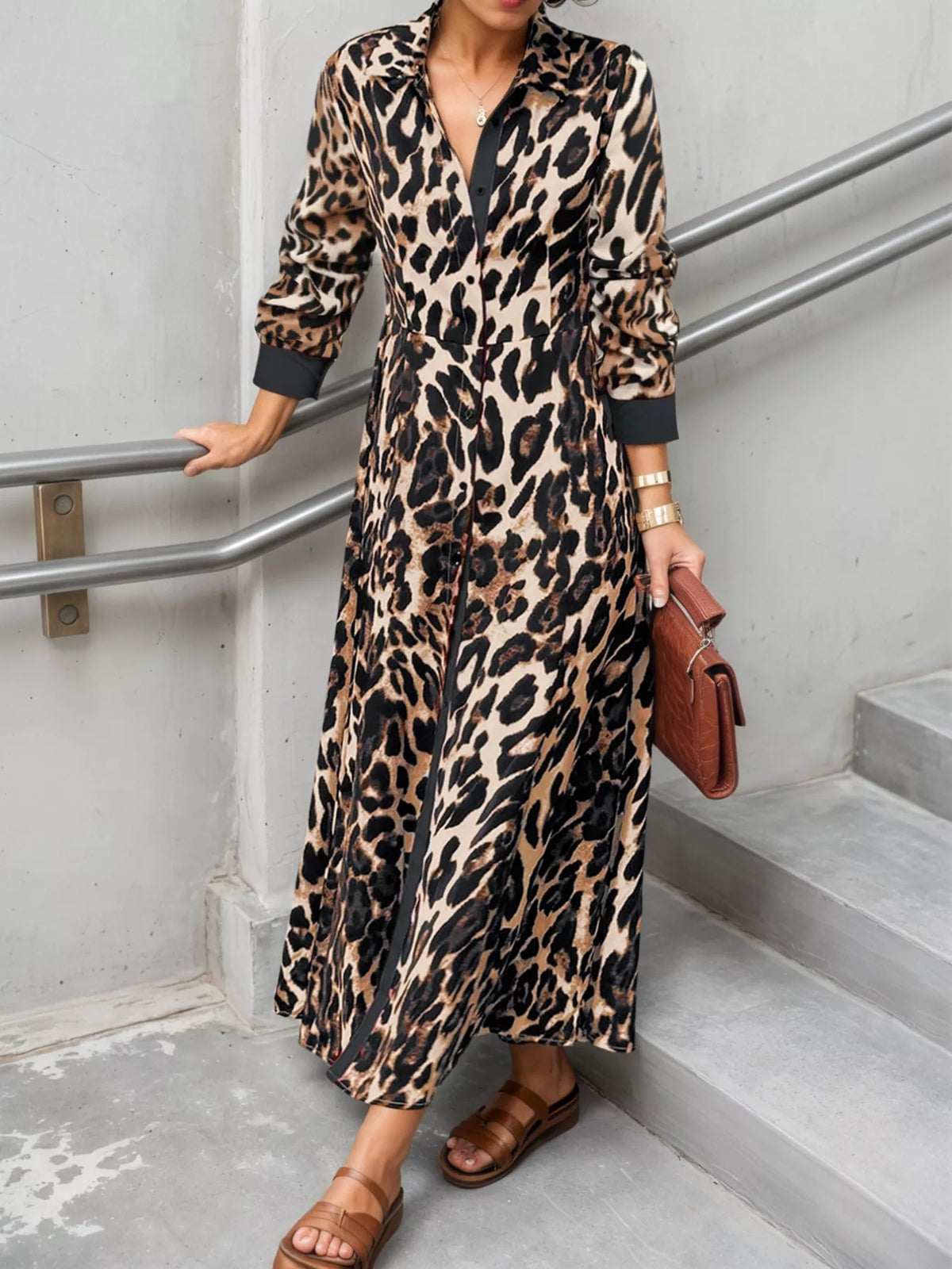 Leopard Print Long Sleeve Shirt Dress with Contrast Trim | STAHlin RADIANCE