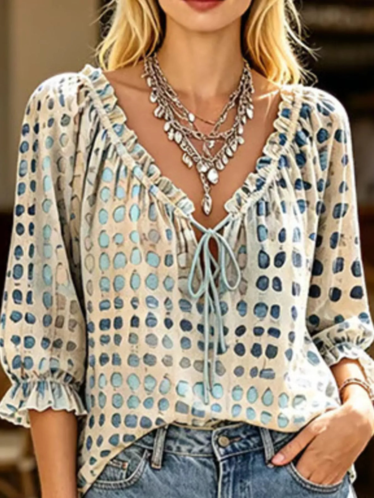 Full Size Tie Neck 3/4 Sleeve Blouse Plus Size | STAHlin RADIANCE