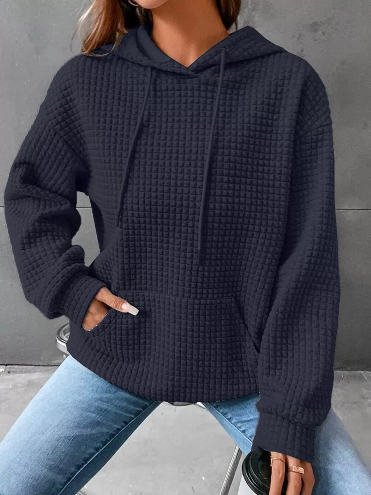 Full Size Textured Kangaroo Pocket Hoodie Plus Size | STAHlin RADIANCE