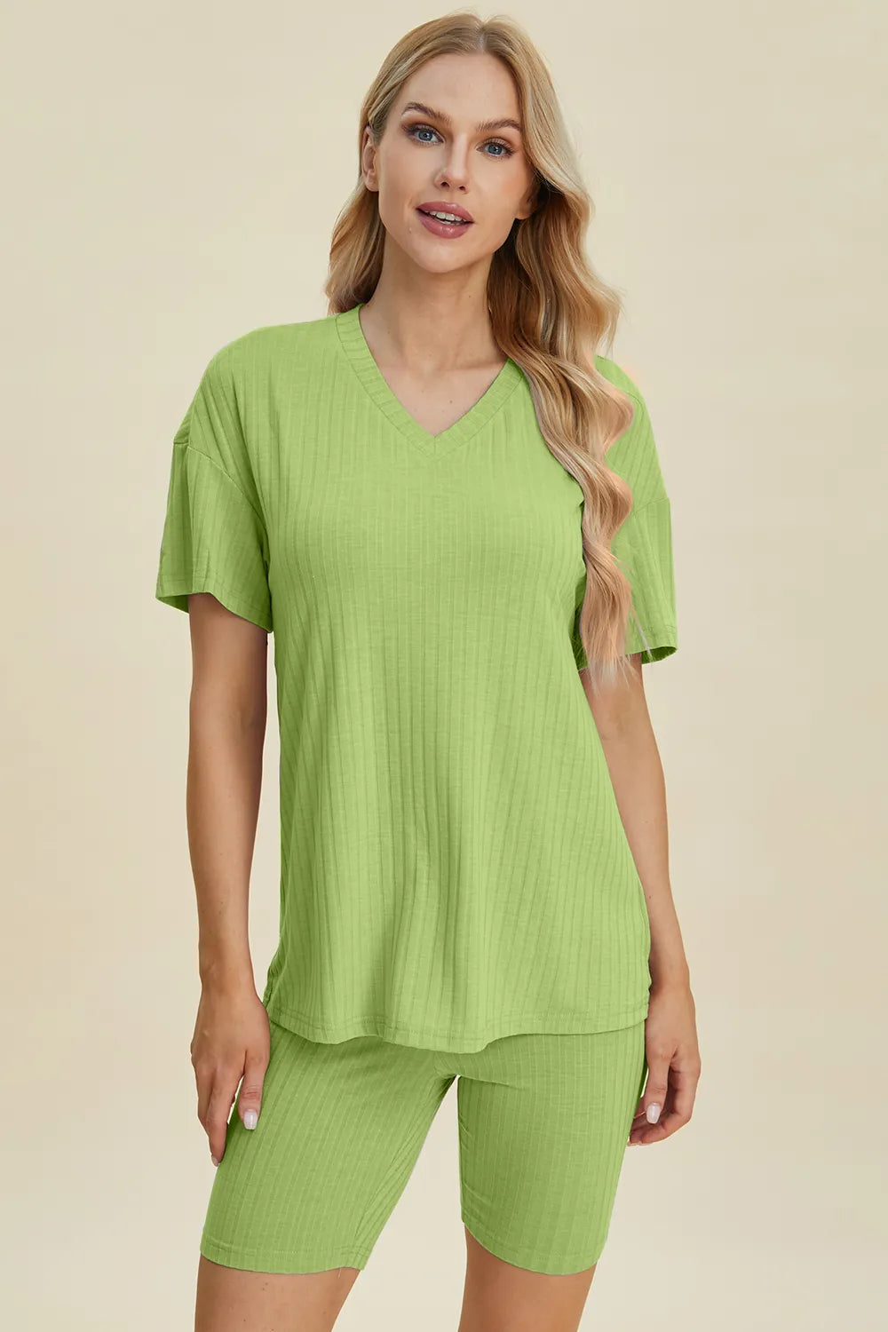 Basic Bae Full Size Ribbed V-Neck Short Sleeve Top and Shorts Set | STAHlin RADIANCE