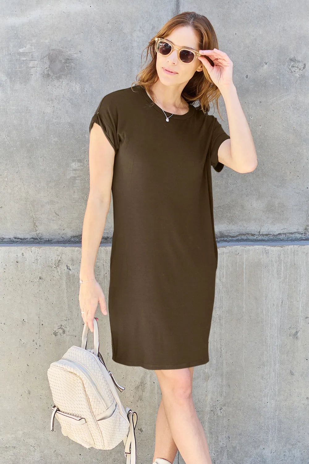 Basic Bae Full Size Solid Round Neck Short Sleeve Casual Loose Mini T-Shirt Dress with Side Pockets | STAHlin RADIANCE