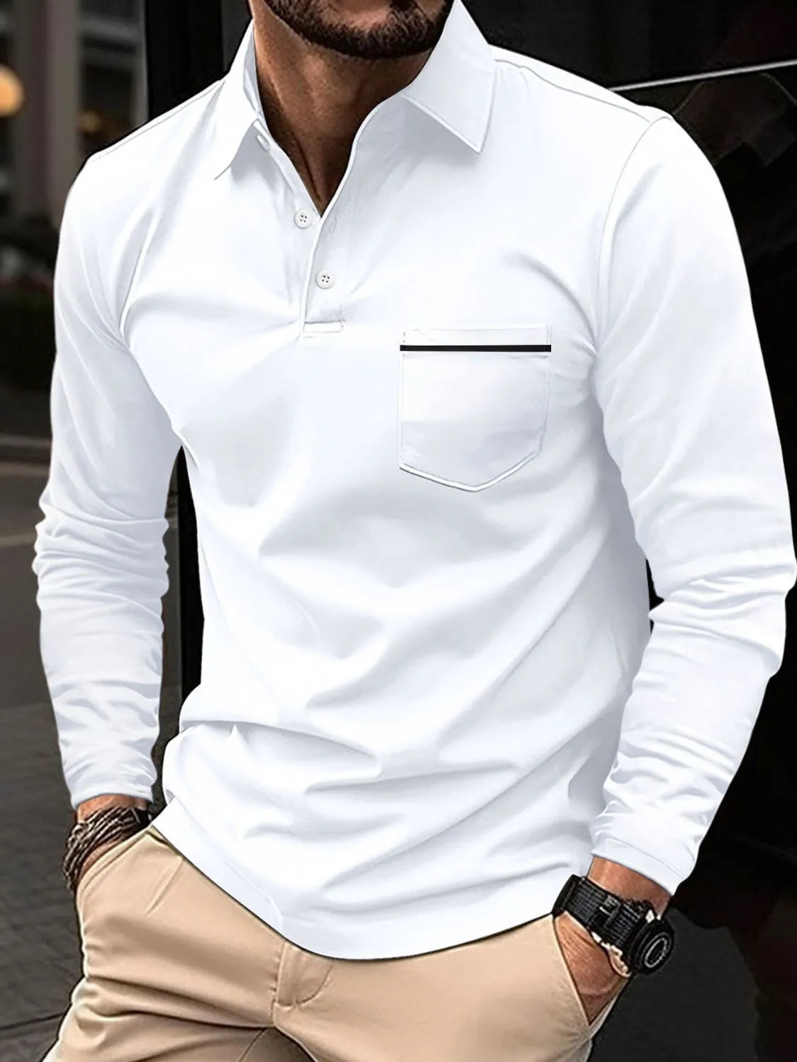 Men's Full Size Button Detail Long Sleeve Polo Plus Size | STAHlin RADIANCE
