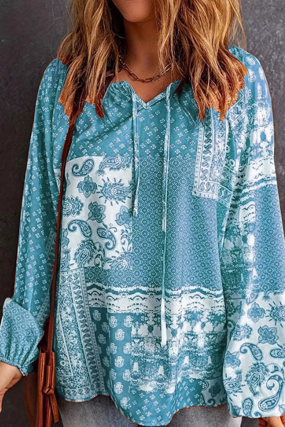 Full Size Paisley Print Tie-Neck Long Sleeve Blouse Plus Size | STAHlin RADIANCE