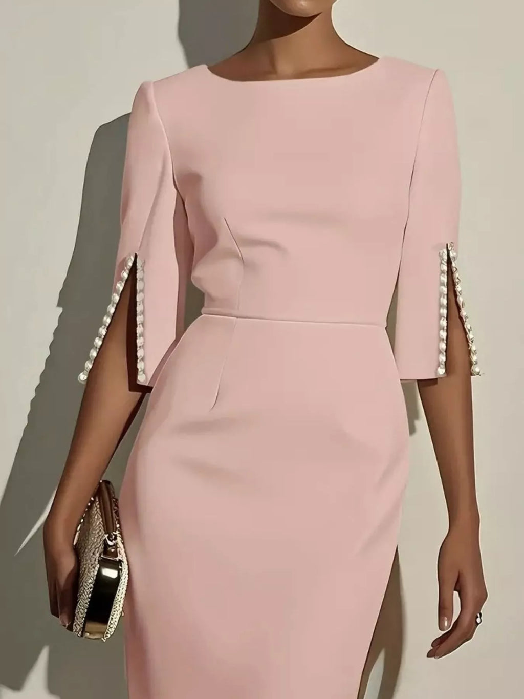 Slim-Fit Elegant Midi Dress with Beaded Slit Sleeve | STAHlin RADIANCE