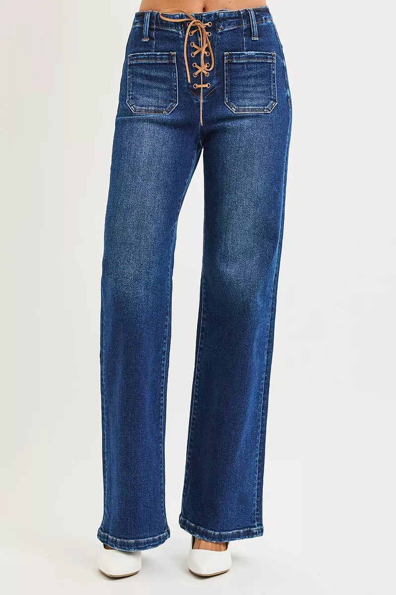 RISEN Full Size High Rise Wide Leg Jeans with Front Tie Detail Plus Size | STAHlin RADIANCE