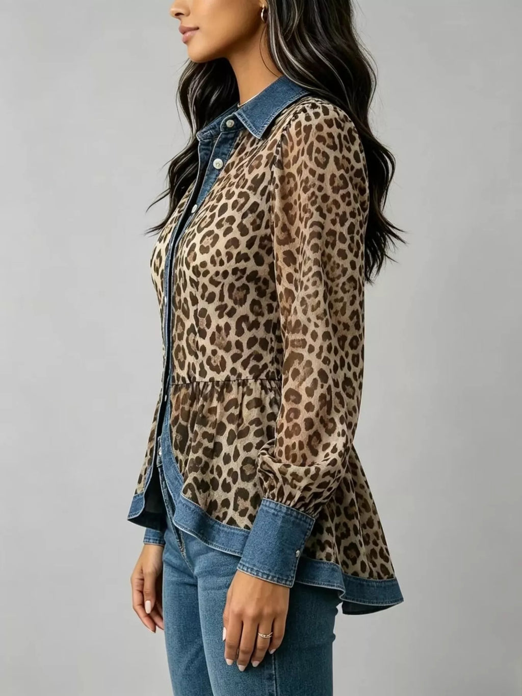 Full Size Leopard Print Blouse with Denim Contrast Trim Plus Size | STAHlin RADIANCE