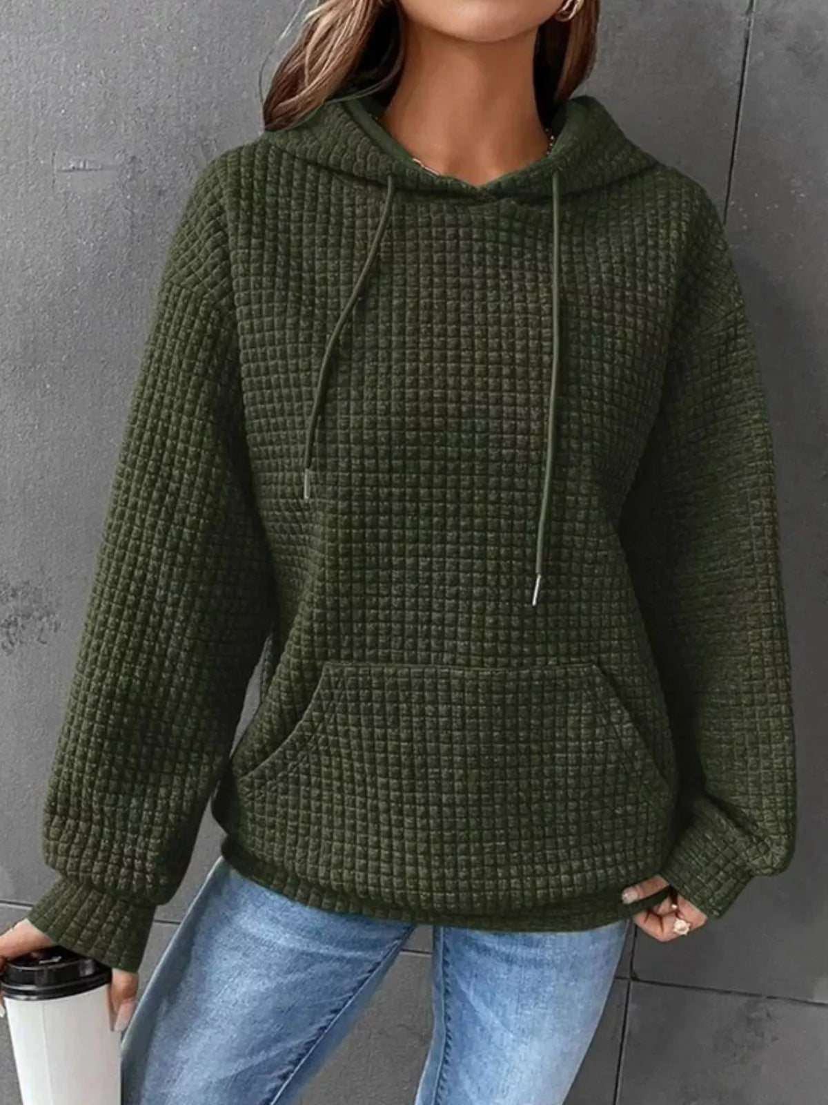 Full Size Textured Kangaroo Pocket Hoodie Plus Size | STAHlin RADIANCE