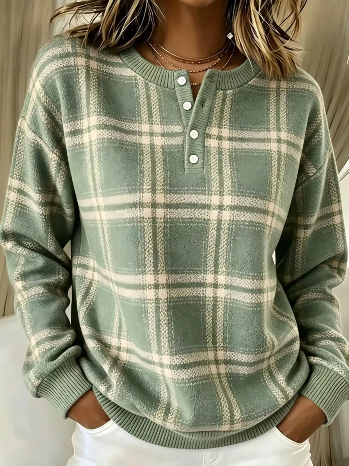 Full Size Plaid Button Detail Long Sleeve Sweatshirt Plus Size | STAHlin RADIANCE