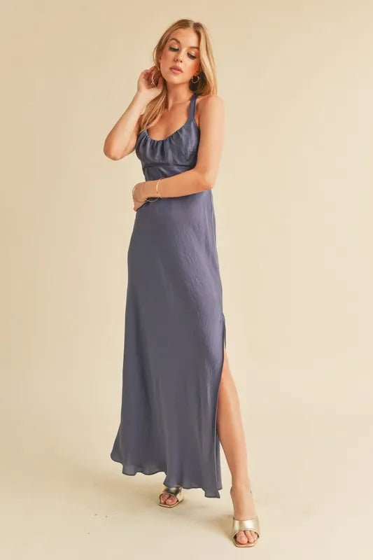Aemi + Co Ruched Side Slit Cutout Back Maxi Cami Dress | STAHlin RADIANCE