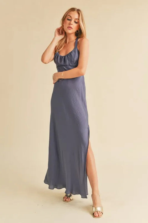 Aemi + Co Ruched Side Slit Cutout Back Maxi Cami Dress | STAHlin RADIANCE