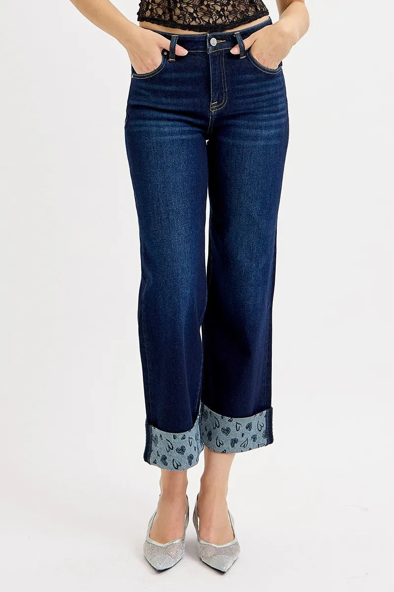 RISEN Full Size Mid Rise Fit Crop Wide With Printed Cuff Jeans Plus Size | STAHlin RADIANCE